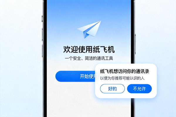 纸飞机iOS版首次启动时的欢迎界面和权限请求弹窗示意图